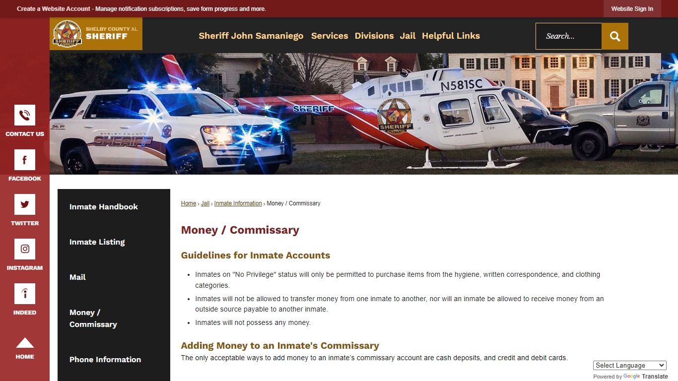 Money / Commissary | Shelby County Sheriff, AL